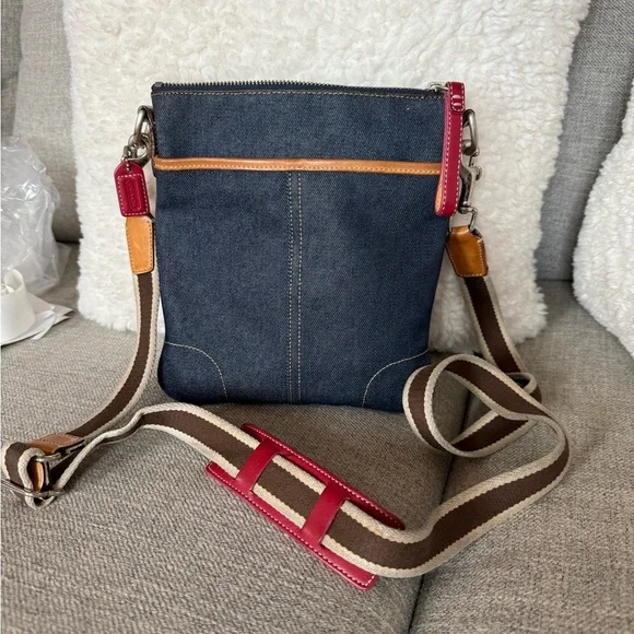 Coach Vintsge Denim Crossbody Bag with Red and Brown Accents - Picture 1 of 4